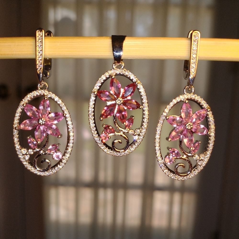 Silver 925 Flower Earrings and Pendant